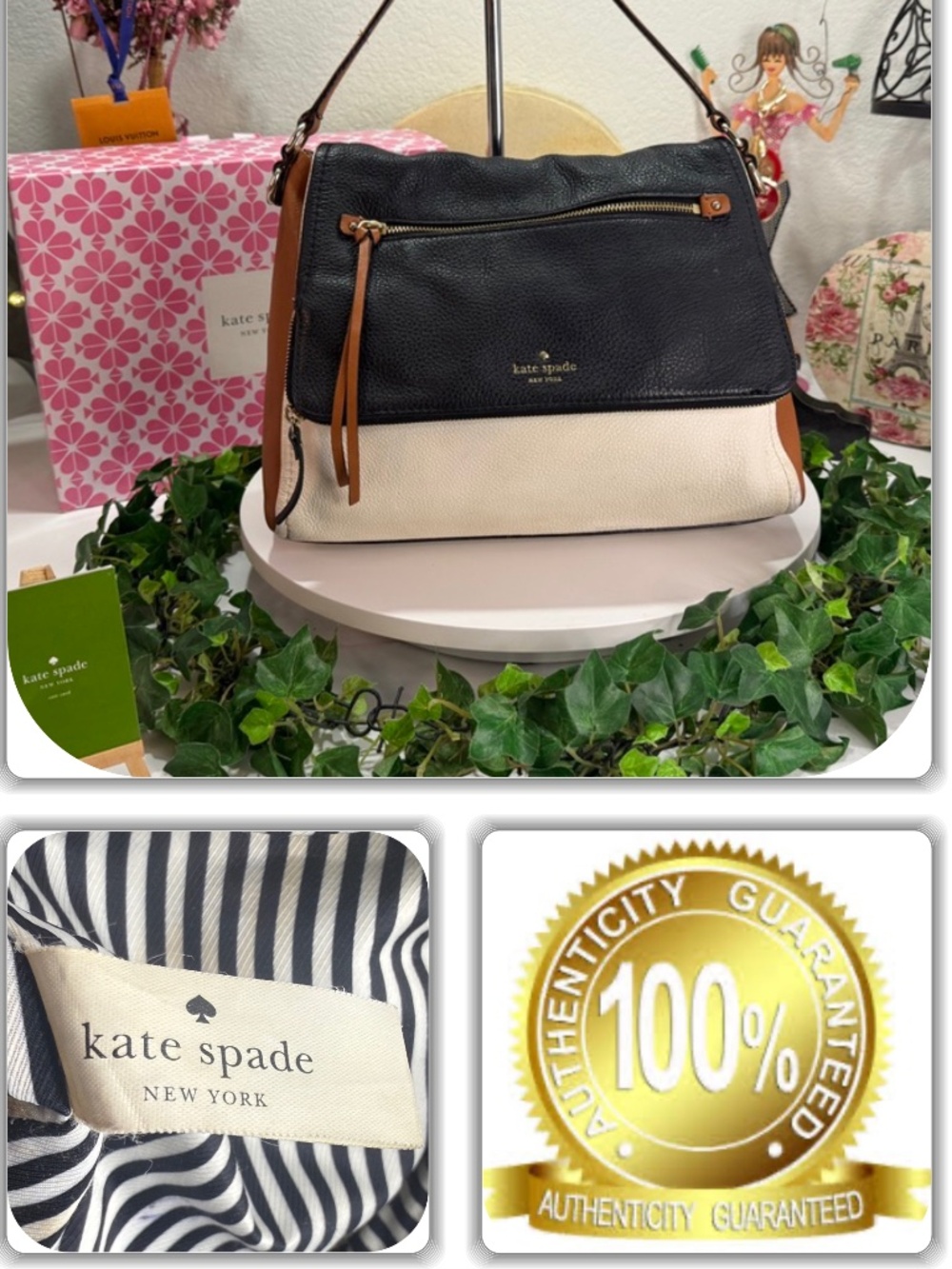 HERMOSA KATE SPADE WHITE/BROWN/BLACK LEATHER TOTE HANDBAG!